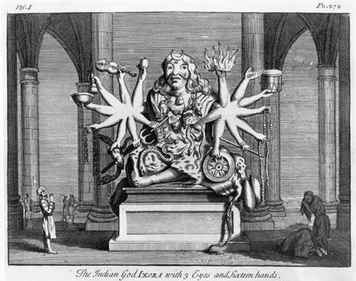 Intialainen jumala Ixora, jolla on 3 silmää ja kuusitoista kättä, n. 1780 tekijältä Edward Rooker