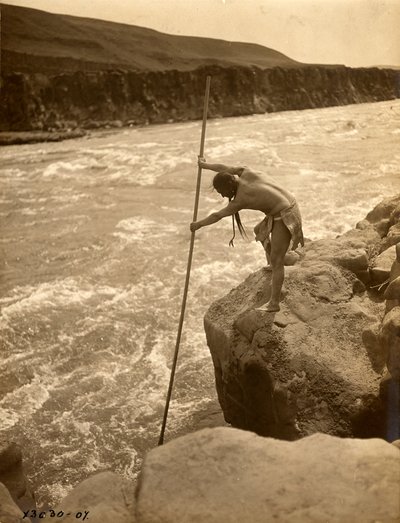 Tlakluit-intiaani, seisoo kalliolla, kalastaa verkolla, n.1910 (s/w valokuva). tekijältä Edward Sheriff Curtis