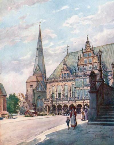 Bremen - Kauppatori (värilitografia) tekijältä Edward Theodore Compton