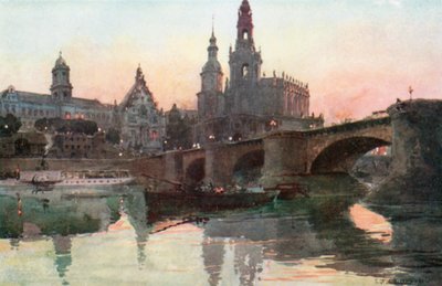 Dresden - Augustuksen silta (värilitografia) tekijältä Edward Theodore Compton