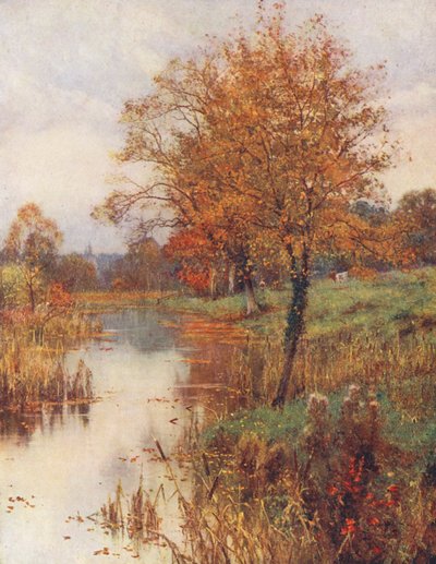 Kuolleet lehdet putoavat lempeästi ja surullisesti tyynessä, suloisessa ilmassa (värilitografia). tekijältä Edward Wilkins Waite
