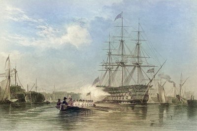 Britannian laivaston lippulaiva tervehtii Gosfordin satamassa Englannissa. 1800-luku (kaiverrus) tekijältä Edward William (after) Cooke