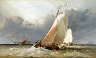 Hollantilainen purjevene purjehtii Zuiderzeellä (Alankomaat). Öljy kankaalle tekijältä Edward William Cooke