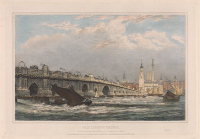 Vanha London Bridge vuoden 1700 korjauksen jälkeen vuoteen 1831/1832 saakka tekijältä Edward William Cooke