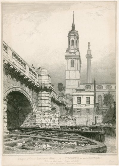 Osa Old London Bridgeä, St Magnusta ja monumenttia tekijältä Edward William Cooke