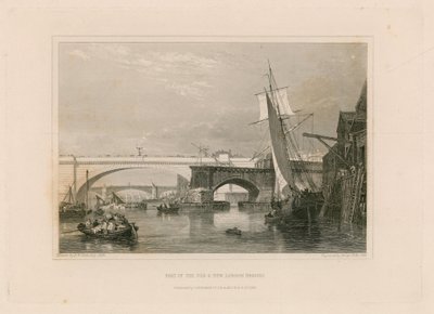 Osa vanhaa ja uutta Lontoon siltaa. Piirretty 1832 tekijältä Edward William Cooke