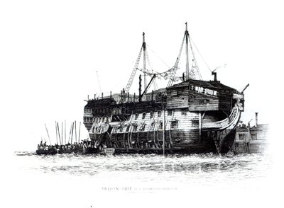 Vankilaiva Portsmouthin satamassa: Vankeja laivalla, 1828 tekijältä Edward William Cooke