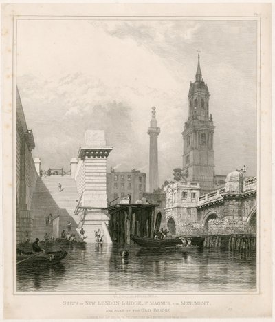 New London Bridgen portaat, St Magnus, monumentti ja osa Old Bridgeä tekijältä Edward William Cooke