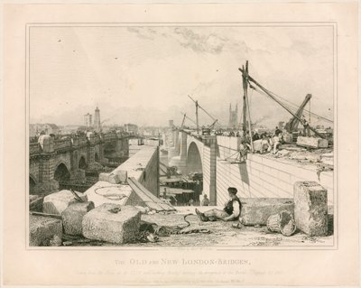 Lontoon vanha ja uusi silta, 1830 tekijältä Edward William Cooke