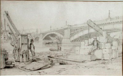 Näkymä Southwark Bridgelle ja Thames-joelle Banksidesta, kaksi nostotornia etualalla tekijältä Edward William Cooke