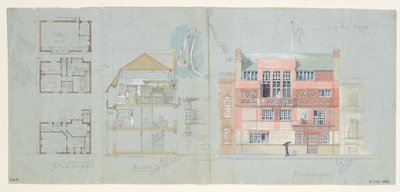 Frank Milesin (1852-91) talon ja studion etukorkeus ja osa, Tite Street, Chelsea, 1878-79 (wc ja kynä paperilla) (katso myös 176481-482, 176484-485) tekijältä Edward William Godwin