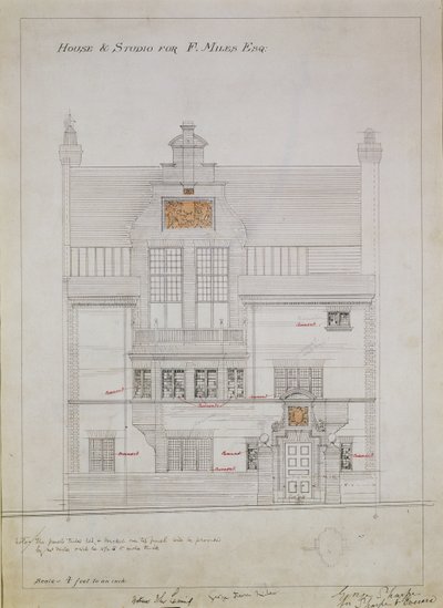 Työpiirustus talolle ja studiolle F. Miles Esqille, Tite Street, Chelsea, 1878-79 (wc ja kynä paperille) (katso myös 176481, 176483-485) tekijältä Edward William Godwin