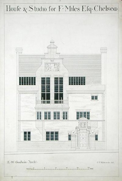 Talo ja studio F. Miles Esqille, Chelsea, kaiverrus C.P. Edwards (katso myös 176482-485) tekijältä Edward William after Godwin