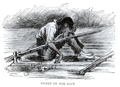 Nukkumassa lautalla, kuvitus teoksesta "Huckleberry Finnin seikkailut", kirjoittanut Mark Twain (1835-1910) 1884 (kaiverrus) (mv-valokuva) tekijältä Edward Windsor Kemble