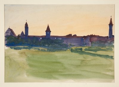 Arkkitehtuuritutkimus - Näkymä muurien ympäröimään kaupunkiin tekijältä Edwin Austin Abbey