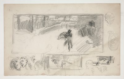 Erilaisia luonnoksia (recto); Piirros miehestä viitassa (verso) tekijältä Edwin Austin Abbey