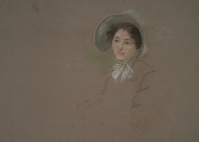 Rinnan mittainen luonnos naisesta, jolla on konepelti tekijältä Edwin Austin Abbey