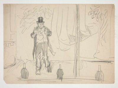 Sarjakuva näyttelijästä lavalla(?) - tunnistamaton kuvitus tekijältä Edwin Austin Abbey
