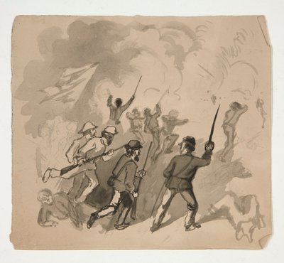 Sisällissodan taistelukohtaus (recto); Tuntematon kuva miehestä metsässä (verso) tekijältä Edwin Austin Abbey