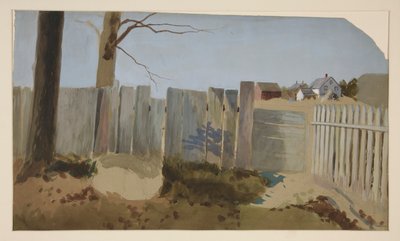 Maaseutumaisema: aita, pelto, maalaistalo etäisyydellä tekijältä Edwin Austin Abbey