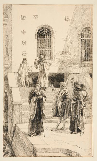 Exuent Salarino ja Salanio, näytöksestä I, kohtaus i, Merchant of Venice tekijältä Edwin Austin Abbey