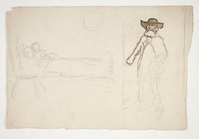 Figuuri sängyssä, mies astumassa huoneeseen - tunnistamaton kuva tekijältä Edwin Austin Abbey