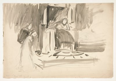 Figuuri valtaistuimella, jota reunustaa kaksi hahmoa, luonnos tuntemattomasta Shakespearen näytelmästä tekijältä Edwin Austin Abbey