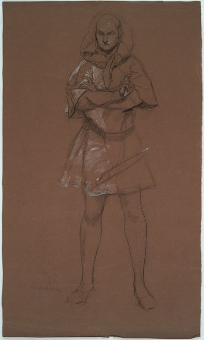 Kuviotutkimus. Mies keskiaikaisessa asussa. Mahdollisesti opiskelu varten tekijältä Edwin Austin Abbey