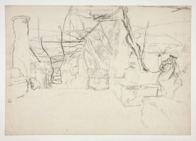 Vanhojen raunioiden seassa käveleviä hahmoja (?) - (tunnistamaton kuva) tekijältä Edwin Austin Abbey