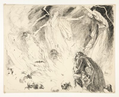 Ensimmäinen ilmestys: Macbeth! Macbeth! Macbeth! varo Macduff., IV näytös, kohtaus 1, Macbeth tekijältä Edwin Austin Abbey