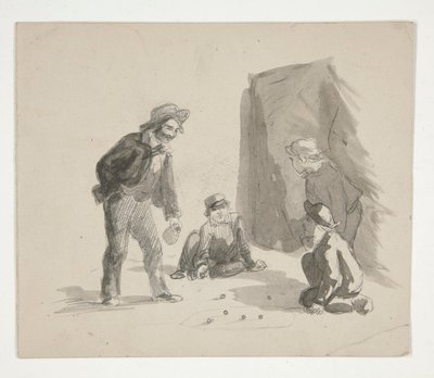 Neljä poikaa leikkimässä marmoria (recto); Tuntematon kuva pojasta maalaustelineessä sisätiloissa (verso) tekijältä Edwin Austin Abbey