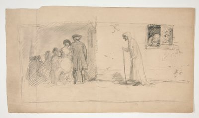Ryhmä hahmoja kivitalon ulkopuolella - tunnistamaton kuva tekijältä Edwin Austin Abbey