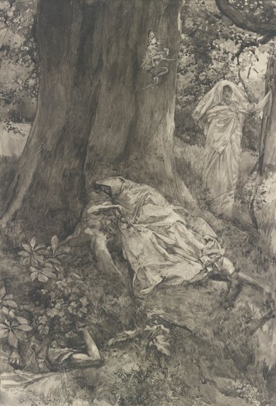 Hermia metsässä, kuvitus näytökselle III, kohtaus ii, Juhannusyö tekijältä Edwin Austin Abbey