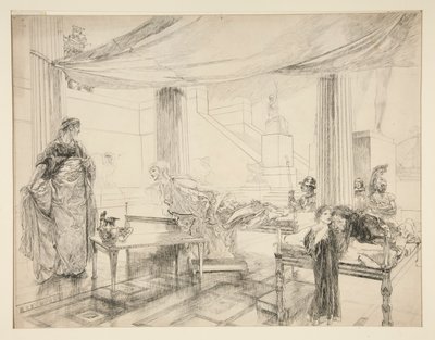 Hermione rukoilee Polixenesia (tutkimus numerolle .1122) - näytös I, kohtaus II, Talvi tekijältä Edwin Austin Abbey