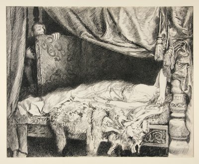 Iachimo varastaa rungosta - näytös II, kohtaus II, Cymbeline tekijältä Edwin Austin Abbey
