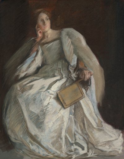 Nainen valkoisessa istuvassa. Oikea käsi leukaan. Pidä tuuletin. tekijältä Edwin Austin Abbey