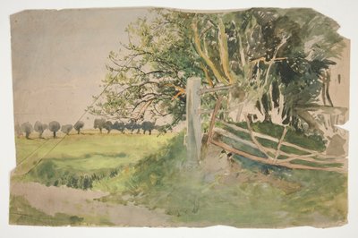 Maisema puita ja rikki aitaa tekijältä Edwin Austin Abbey