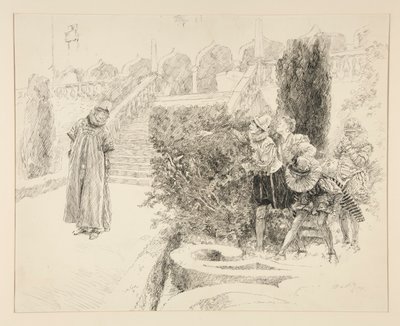 Malvolio löytää kirjeen, kuvituksen näytökselle II, kohtaus v, kahdestoista yö tekijältä Edwin Austin Abbey