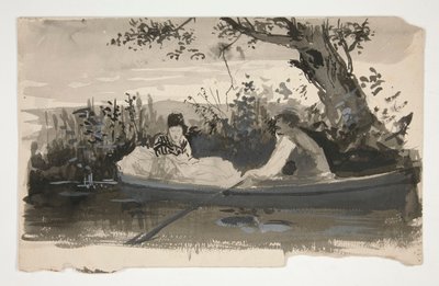 Mies ja nainen soutuveneessä lähellä joenrantaa - tunnistamaton kuva tekijältä Edwin Austin Abbey