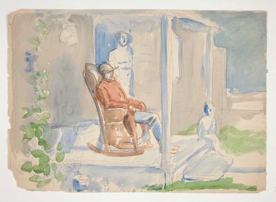 Mies keinutuolissa etukuistilla vaimonsa ja lapsensa kanssa - tunnistamaton kuva tekijältä Edwin Austin Abbey