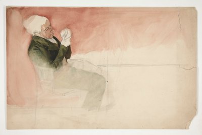 Mies istuu ja tutkii kulhon sisäpuolta - (tunnistamaton kuva) tekijältä Edwin Austin Abbey