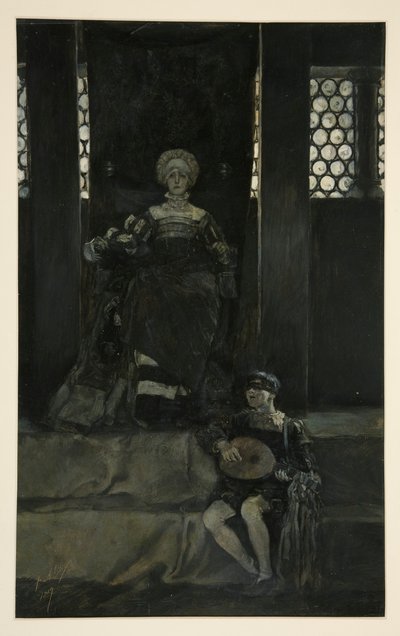 Mariana ja poika laulaa - näytös III, kohtaus I, mittaa mittaan tekijältä Edwin Austin Abbey