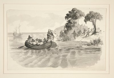 Homes en barca de rems que fugien dels indis a la costa - il·lustració no identificada (en Colom descobrint el Nou Món?) - exploradors que desembarquen al Nou Món finlandès tekijältä Edwin Austin Abbey