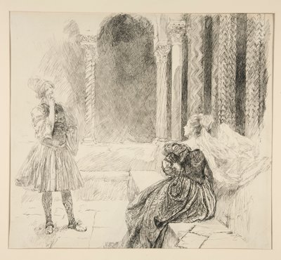 Olivia ja Viola, kuvitus näytökselle I, kohtaus v, kahdestoista yö tekijältä Edwin Austin Abbey