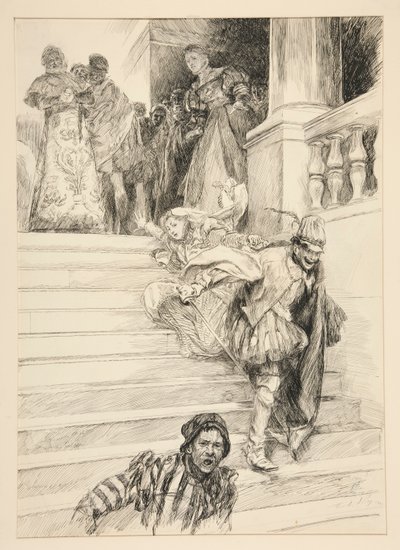 Petruchio sietää morsiamensa näytöksestä III, kohtaus ii, Ääkäisen kesyttäminen tekijältä Edwin Austin Abbey