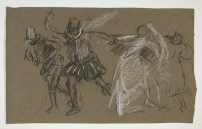 Petruchio vetää Katharinaa elokuvasta Taming of the Shrew (recto); Luonnos istuvasta hahmosta (käänteinen) tekijältä Edwin Austin Abbey