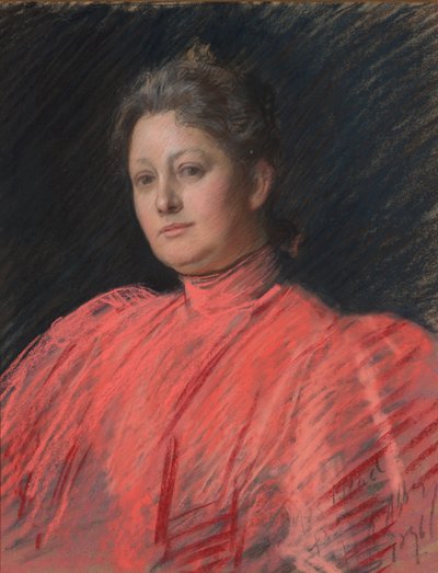 Mrs. Abbeyn muotokuva vaaleanpunaisessa mekossa, vyötäröpituus tekijältä Edwin Austin Abbey