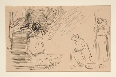 Alustava luonnos näytökselle II, kohtaus I, kaikki tekijältä Edwin Austin Abbey