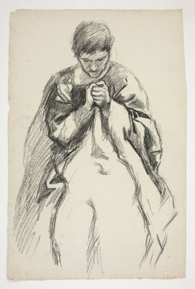 Viittallinen hahmo rukoilemassa: opiskele The Quest of the Holy Grail -seinämaalaussarjaa varten Bostonin julkisessa kirjastossa tekijältä Edwin Austin Abbey