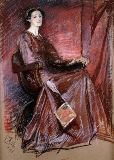 Istuva nainen Elizabethanin päähineessä, 1897 tekijältä Edwin Austin Abbey